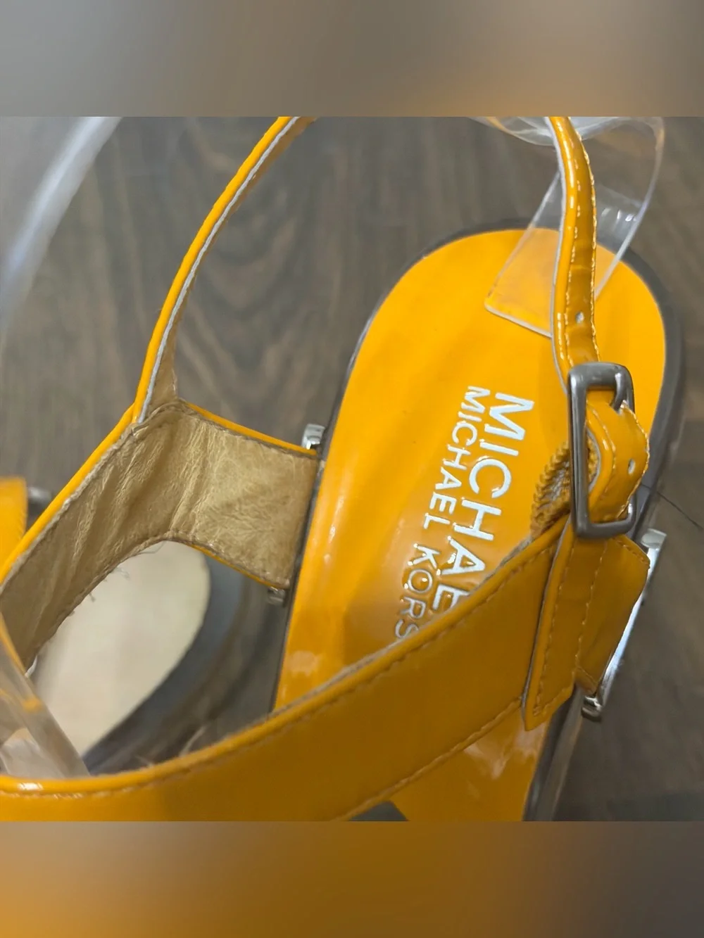 Michael Kors bright yellow patent leather and acrylic open-toe heels size 8 Medi